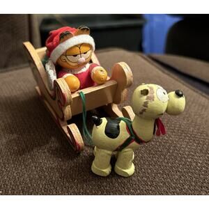 VTG 1978 Dakin Garfield and Odie Wooden Christmas Ornament Sleigh Toys 3" Damage